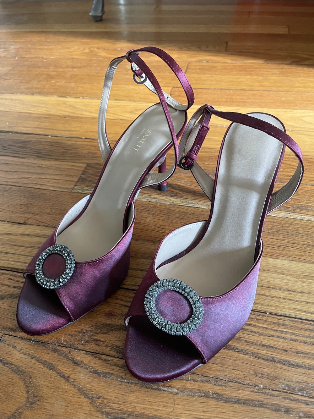 LK Bennett Burgundy Satin Open-Toe Heels with Crystal Buckle